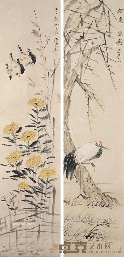 虚谷 花鸟 137×33.5cm×2