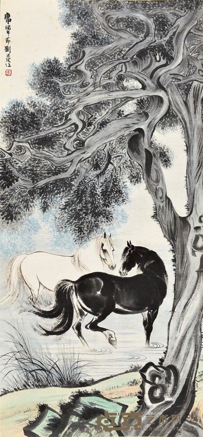 刘旦宅 柳荫双骏 132×60.5cm