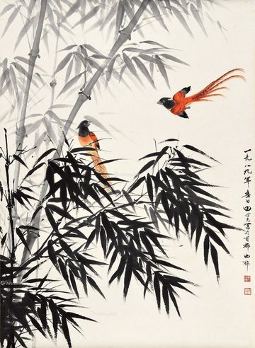 田世光 翠竹双禽