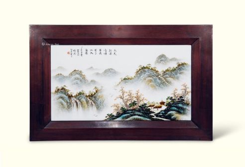 汪沁 20世纪 粉彩山水瓷板挂屏