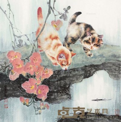 钟基明 双猫戏鱼 44×44cm