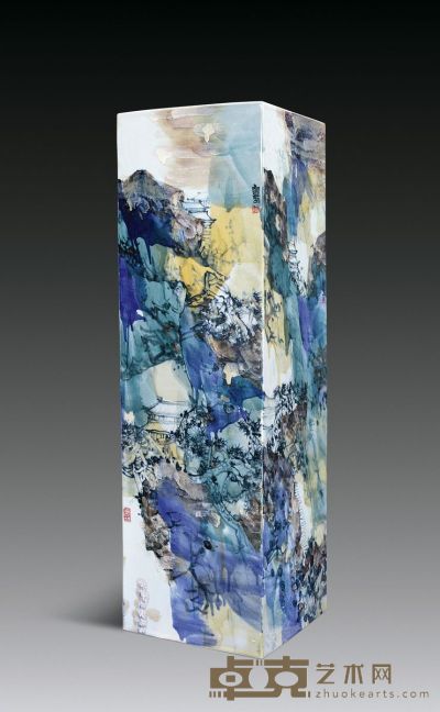 现代 汪家芳绘青绿山水长方形瓷花瓶 105×32×31cm
