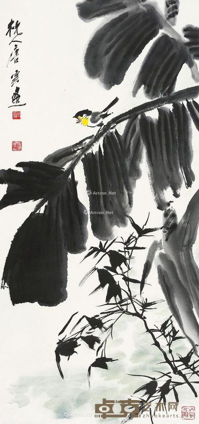 唐云 芭蕉小鸟 94×44cm