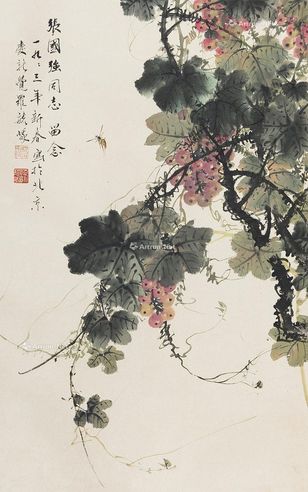 爱新觉罗毓嶦 花卉草虫 立轴 设色纸本