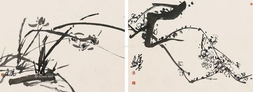 李开麟 墨梅 墨兰 镜片双挖 水墨纸本