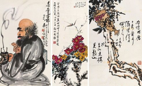 吴静山 菊花 无量寿佛 石榴 （二幅）（一幅） 立轴 镜片 设色纸本