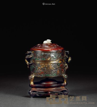 宋 青铜鎏金螭龙耳筒式炉 带座高13.6cm；高10.6cm