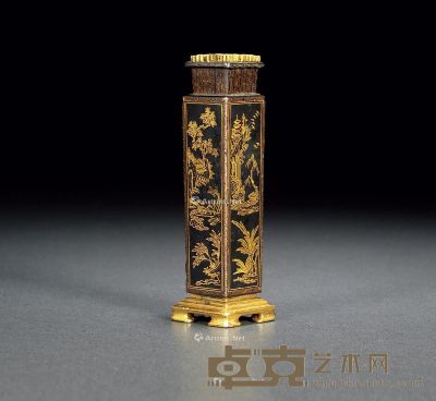 清 铜鎏金四面开光山水纹香瓶 高10.5cm