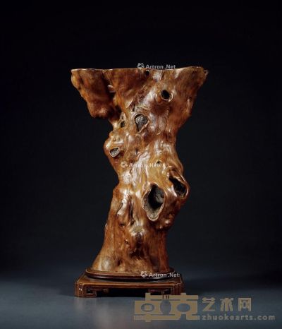 清 桦木雕随形根瘤花插 带座高52.5cm