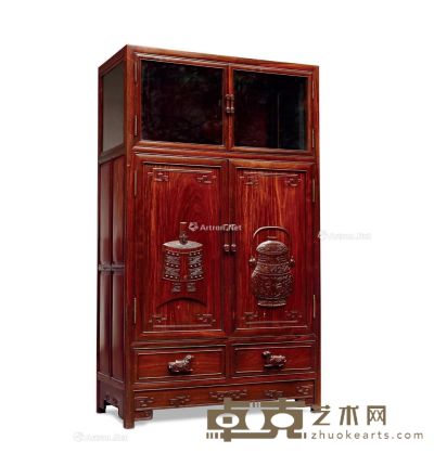 清 红木雕博古图玻璃柜 高147.8cm；长86.4cm；宽40.6cm