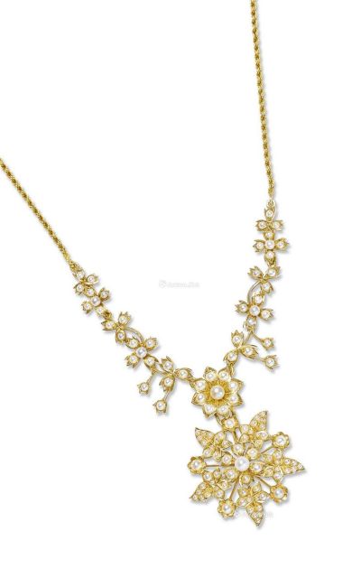 19世纪 15K金珍珠花形项链