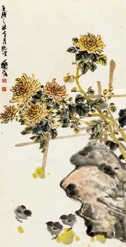 陈师曾   1922年作 菊下啄米图 立轴 设色纸本