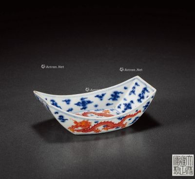 清雍正 青花矾红云龙纹茶船