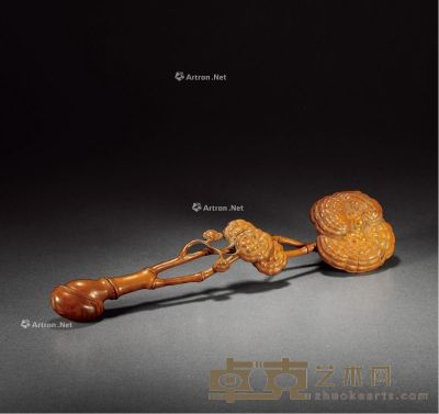 清 黄杨木镂雕灵芝形如意 长37.5cm