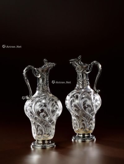 1900年制 纯银水晶雕花酒壶 （一对）