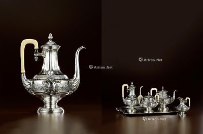 1895年制 纯银咖啡茶具配铜镀银大托盘 （四件套）