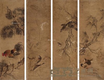 谢观生 花鸟 114×35cm×4