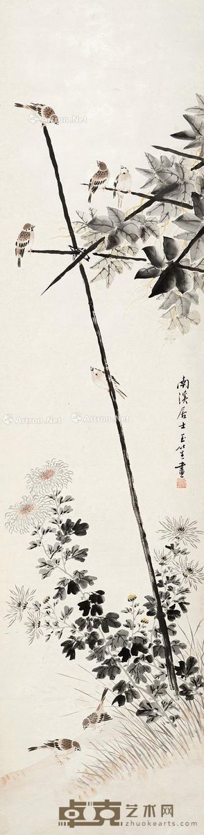 刘玉笙 花鸟 175×43cm