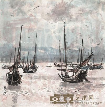 雷坦 渔舟图 67×66cm