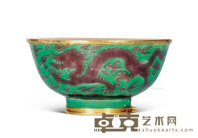 清康熙 绿地紫彩龙纹碗 直径13cm