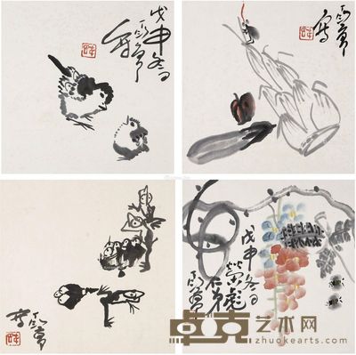 丁衍庸 闲情小品 33.5×33.5cm×4