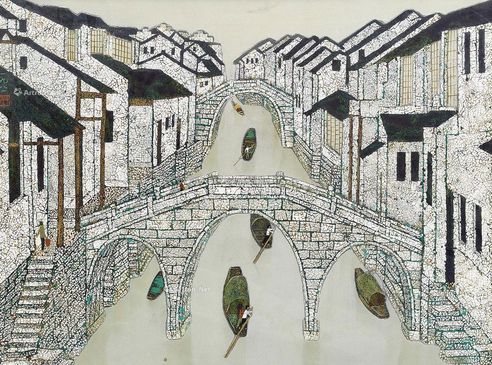 水乡 镜框 漆画