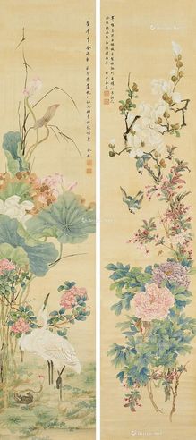 白鹤红莲等  立轴 设色绢本
