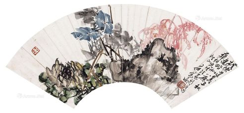 丁二仲 花卉扇面