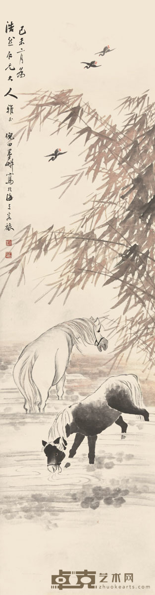 倪田 双骏图 160×42cm 约6.0平尺