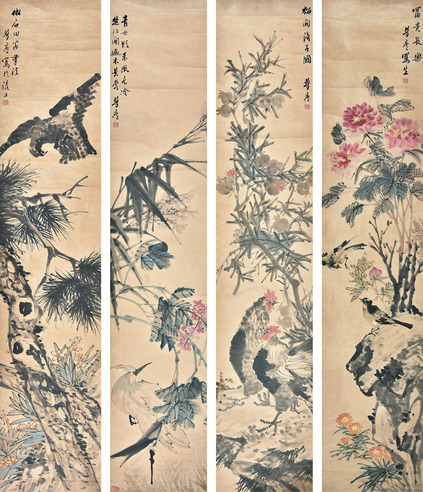 朱梦庐 花鸟四屏