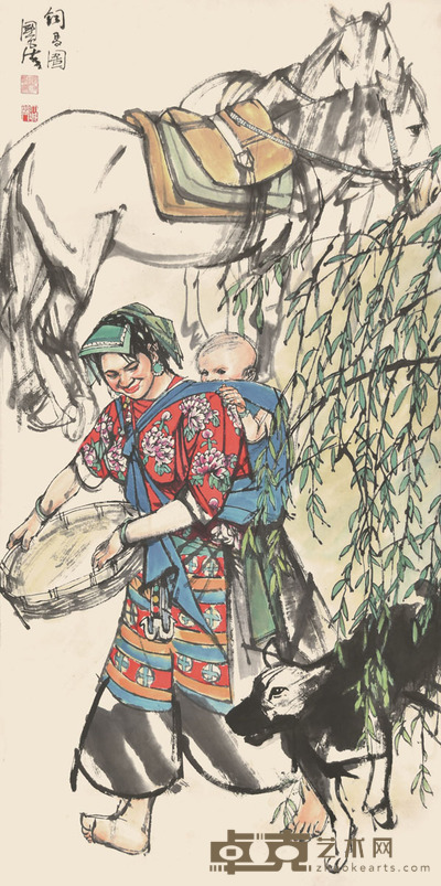 史国良 饲马图 97×48cm 约4.2平尺