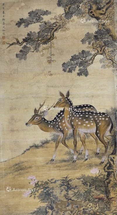 沈诠 双鹿图 130×71cm