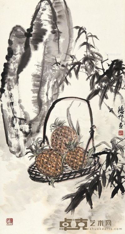 陈秋草 菠萝竹石图 90×49cm