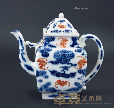 清晚期 青花矾红云蝠纹茶壶 长18.8cm