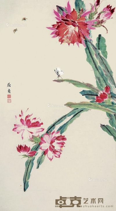 屈贞 花蝶草虫图 77×43cm