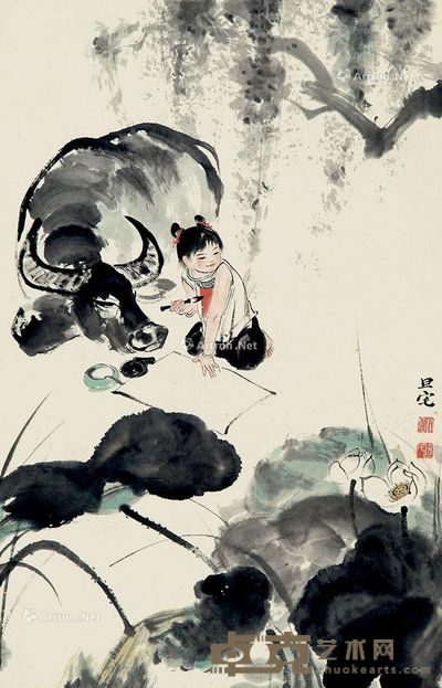 刘旦宅 牧童写荷图 69×45cm