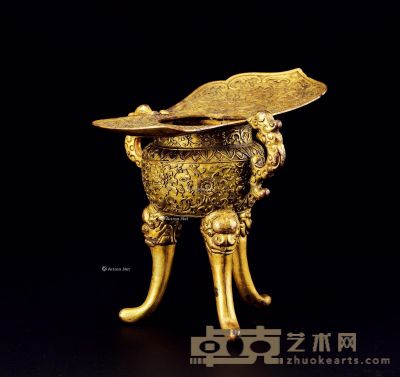 清中期 铜鎏金錾花缠枝牡丹爵杯 高13.8cm