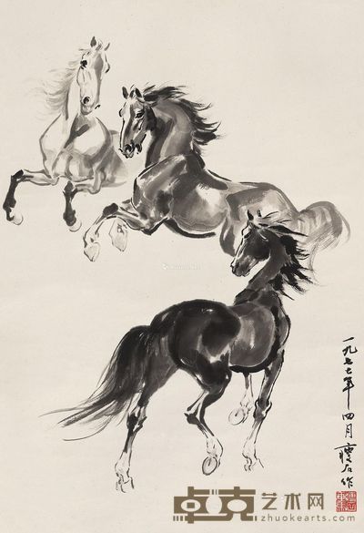 尹瘦石 三骏图 68×45cm