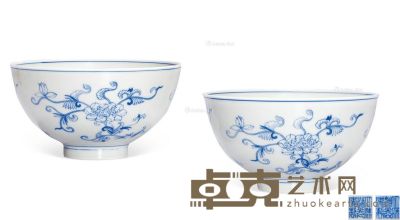 清道光 青花淡描花卉纹碗 （一对） 直径12.2cm×2