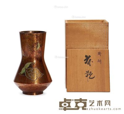 昭和时期 金工名家「秀峰」制铜髹漆豆荚纹花入 高22cm