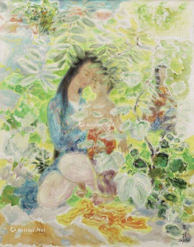 园中母子 油画画布