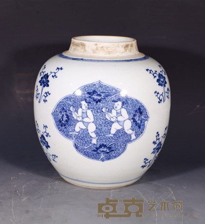 清 康熙青花莲生贵子纹罐 H：21cm