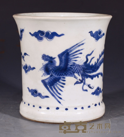 清 康熙青花凤纹笔筒 H:15cm