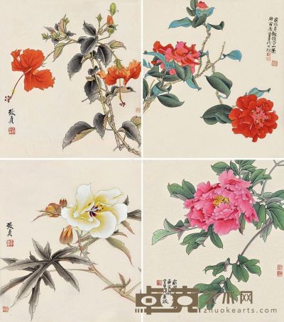 俞致贞 四季花卉 40×33cm×4