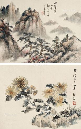 沈剑知 山水花鸟两件
