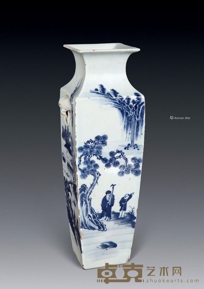 清中期 青花山水人物四方瓶 高35.2cm；口径9.8cm