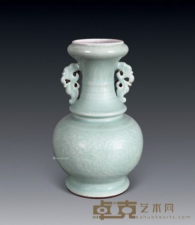 乾隆 青釉暗花双耳洗口瓶 高36cm；口径22cm