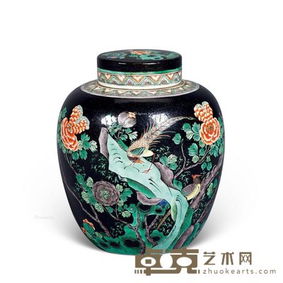 清代 墨底三彩花鸟盖罐 高25cm；口径9cm