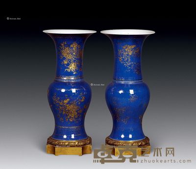 康熙 洒蓝描金花鸟瓶 （一对） 高45cm；口径22.2cm