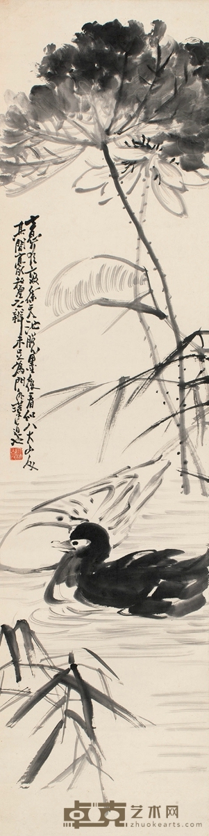 姚燮 荷芦双鹜图 143×36cm
